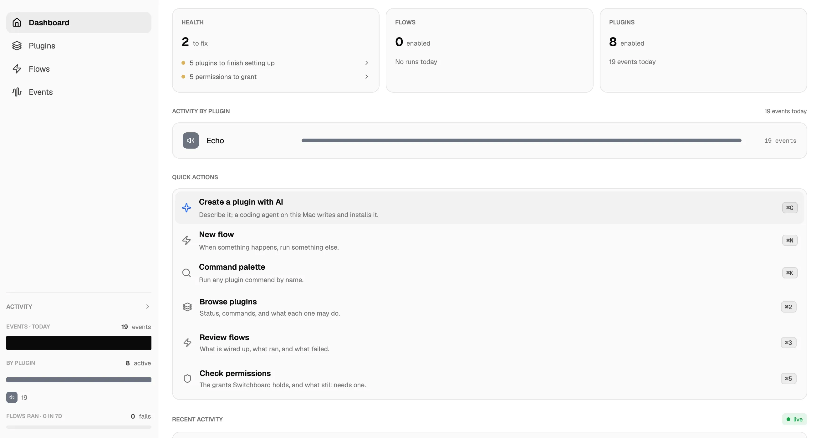 The Switchboard dashboard: health, flows and plugins at the top, activity by plugin, quick actions such as creating a plugin with AI, and recent events.