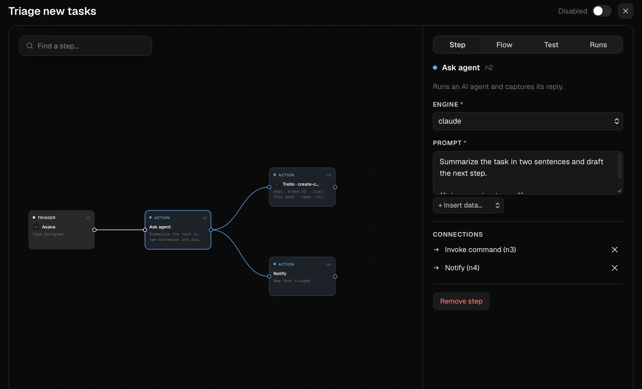 A Switchboard flow: an Asana task.assigned trigger, an agent step that summarizes the task, then a Trello card and a notification.