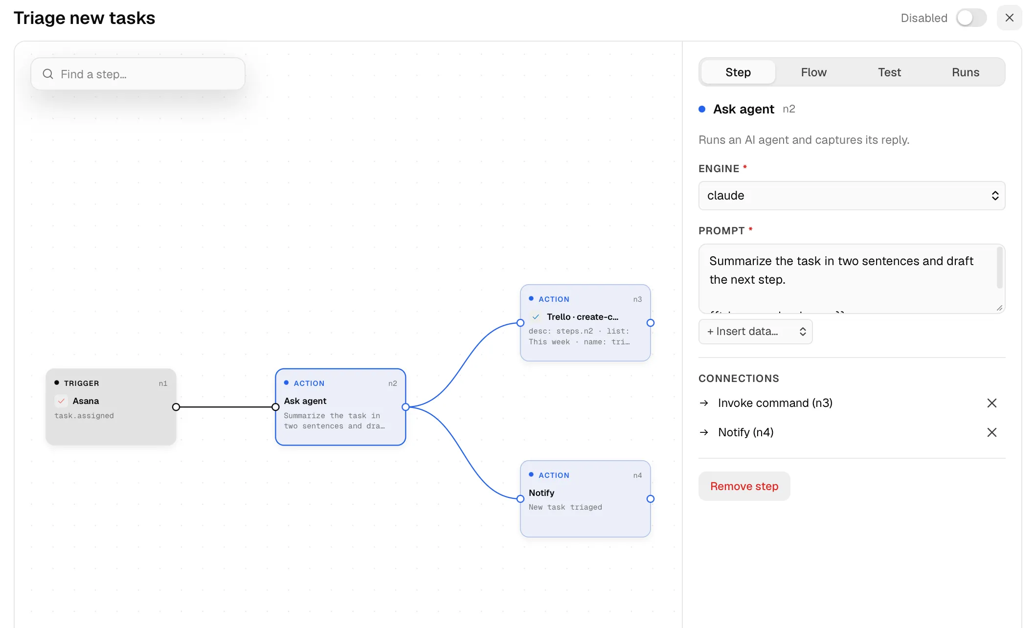 A Switchboard flow: an Asana task.assigned trigger, an agent step that summarizes the task, then a Trello card and a notification.