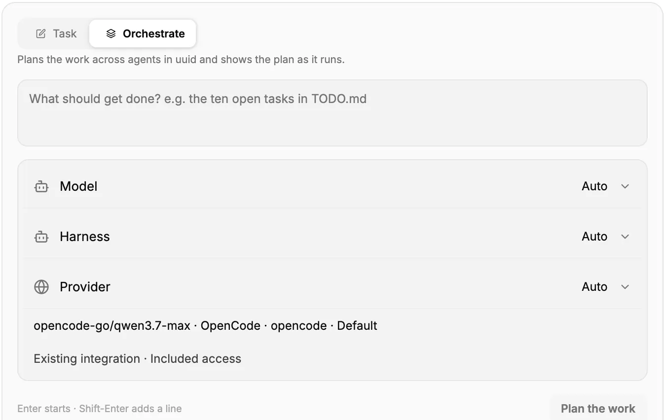 Nagano’s Orchestrate tab in a project: a brief to plan across agents, with model, harness and provider choices and a Plan the work button.