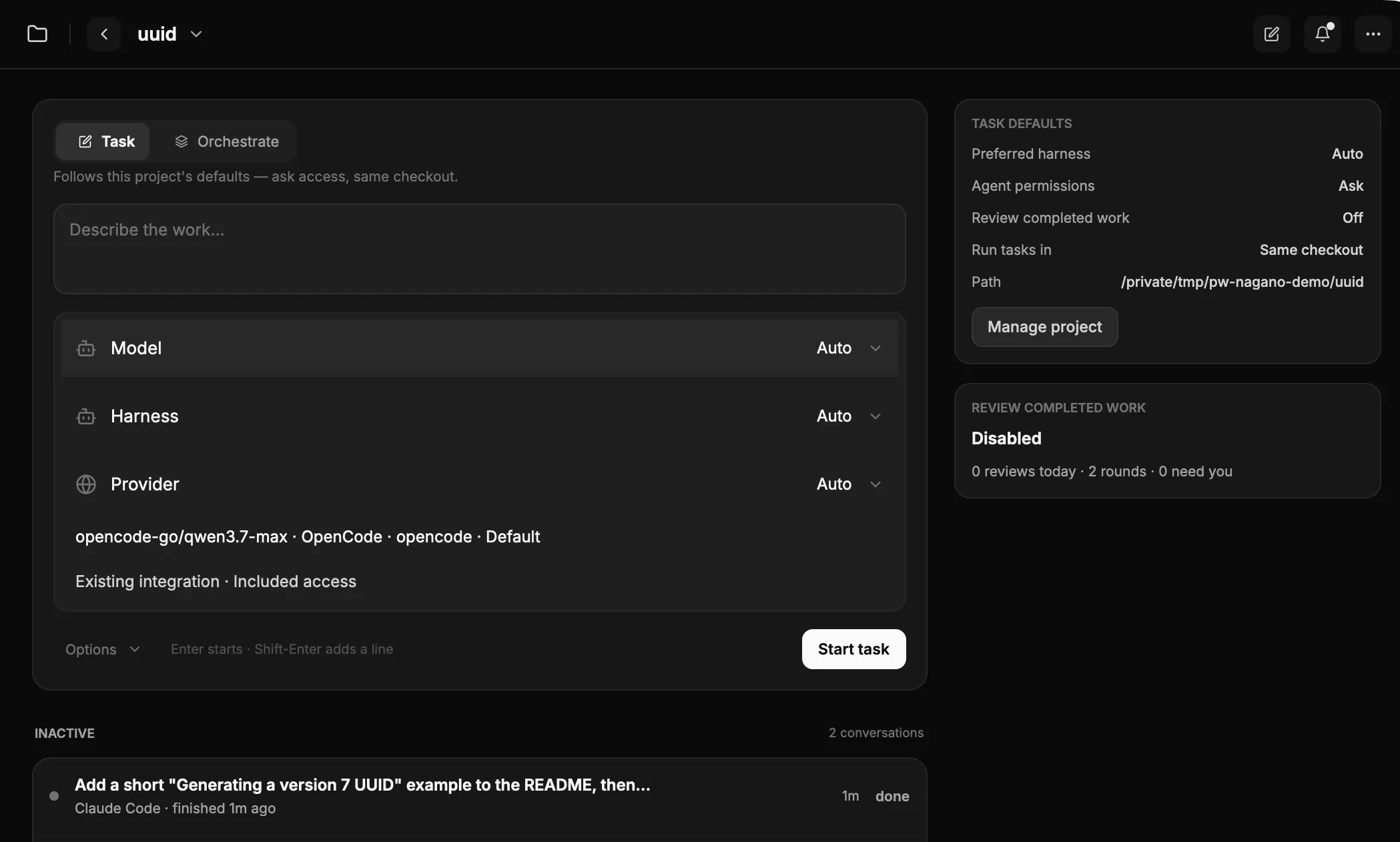 A project in Nagano: a new task with model, harness and provider set to Auto, the project’s task defaults, and finished Claude Code conversations.