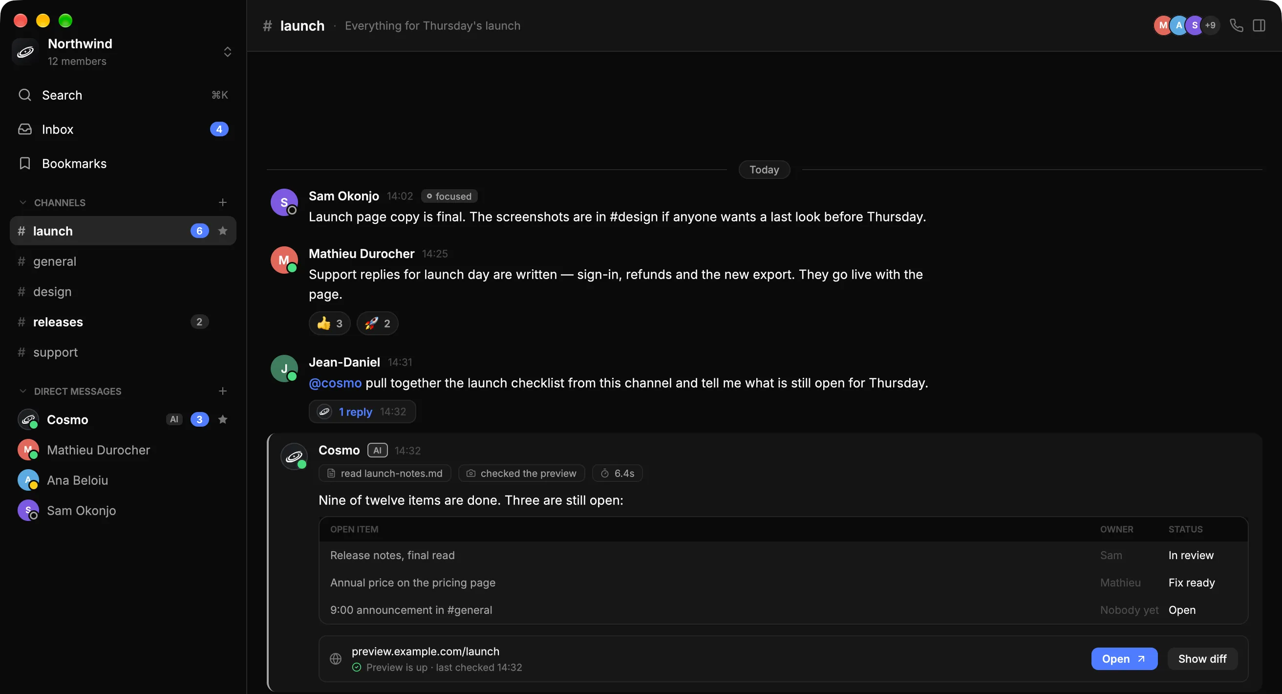 The Cosmo desktop app: channels and direct messages on the left, a #launch channel where a team plans a launch and the Cosmo agent answers with a table of open items and a preview link.