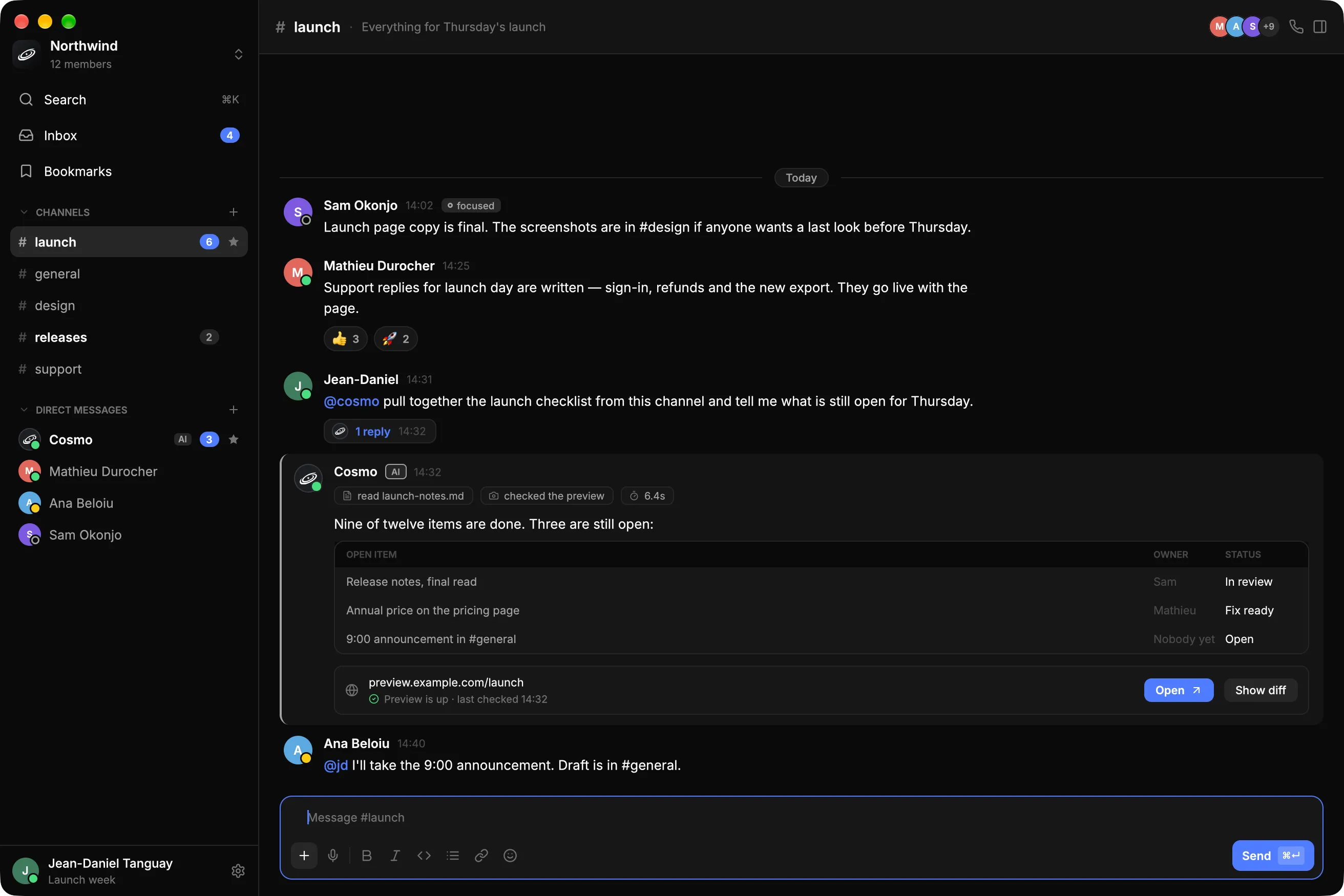 Cosmo on the Mac: in #launch, one person asks the Cosmo agent for the launch checklist, the agent replies with a table of open items and a preview link, and a teammate takes one of them.